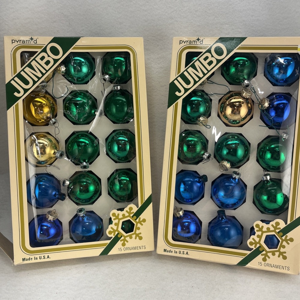 Pyramid Jumbo Box Of 30 Glass Ornaments multicolor- Blue, Gold, Green, Vintage